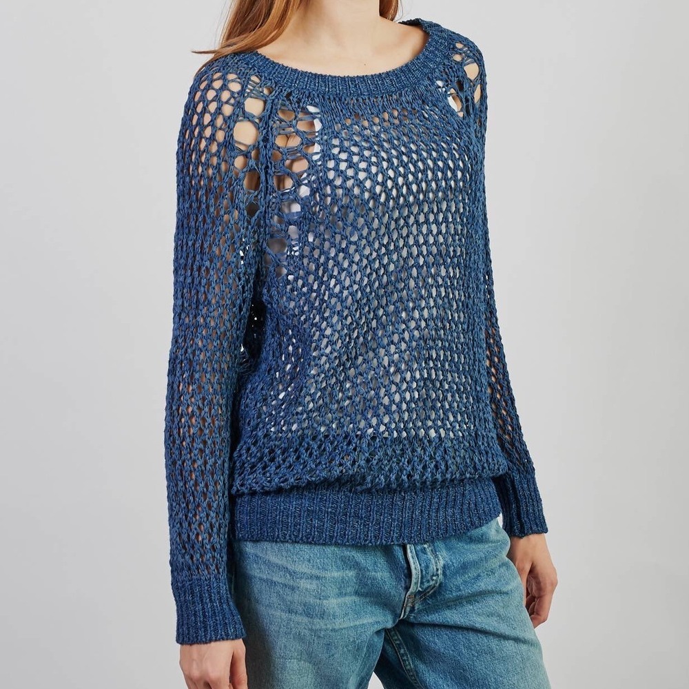 Sandro Paris Crochet Sweater Top Blue Chunky‎ Open Knit Long Sleeve sz 1 / Small
